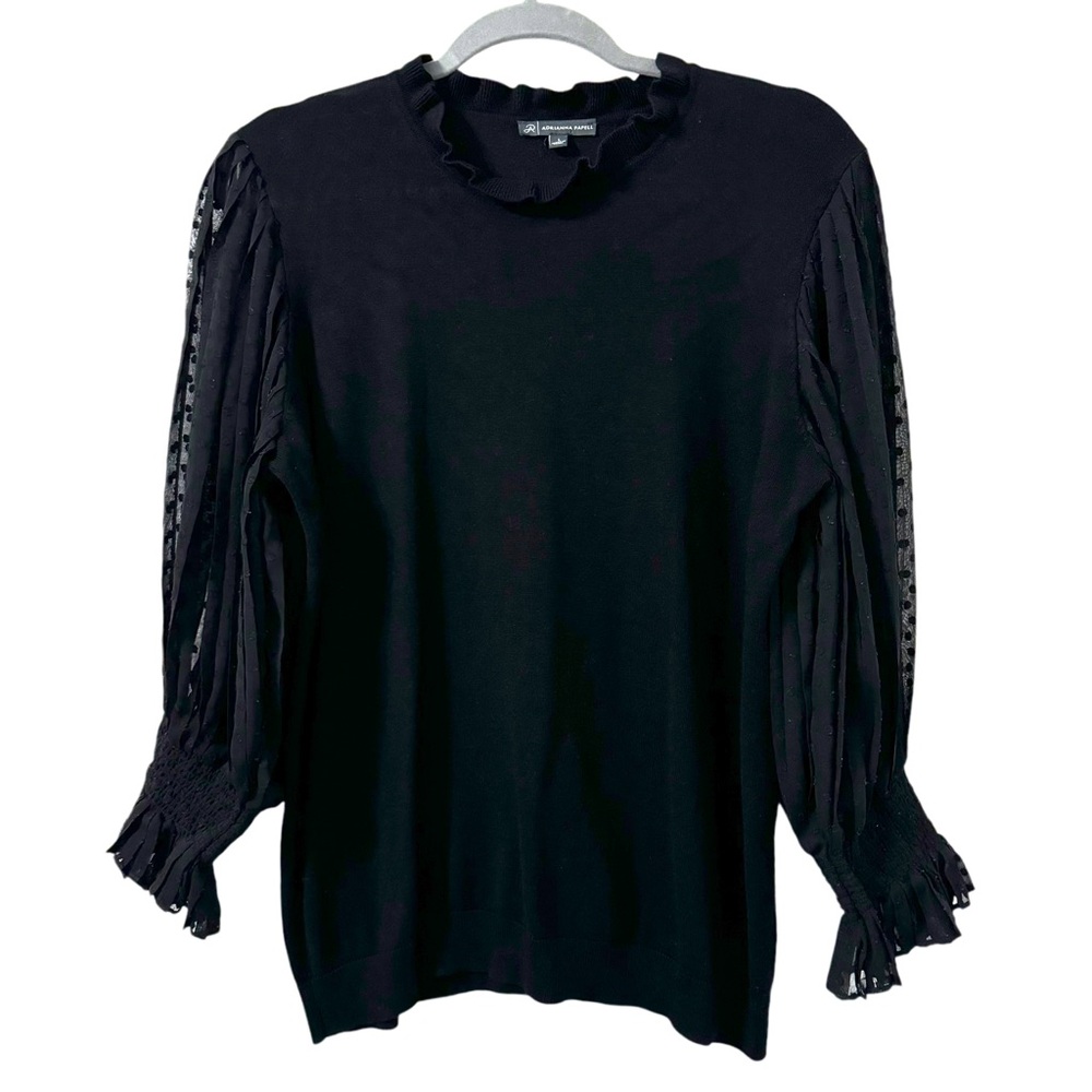 Adrianna Papell Top Womens L Black Ruffled Neck Sheer Sleeve Business Minimalist